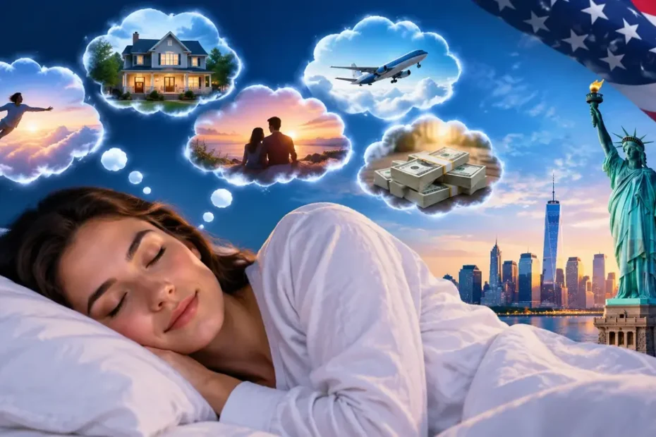 Dreammeaniing.com USA Today dream meaning guide with sleeping woman and USA skyline