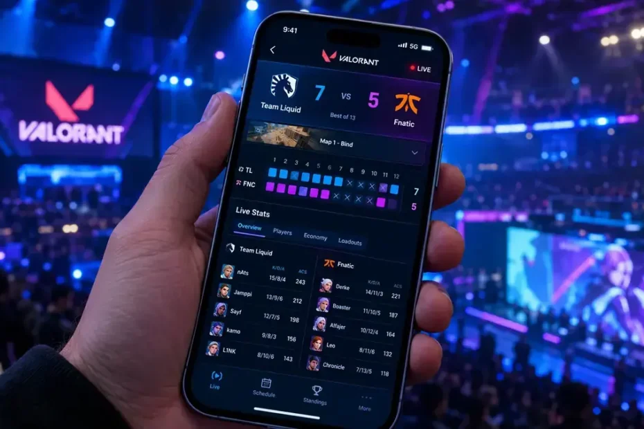 eTrueSports iOS app showing live Valorant match scores on iPhone 15 Pro screen